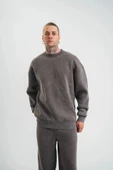 Unisex Uzun Kol Bisiklet Yaka Yıkamalı SweatShirt - Füme - 1