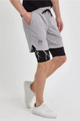 Unisex Baskılı İç Cepli Sporcu Alt Taytlı Şort - Gri - 1