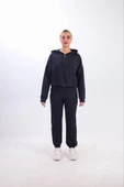 Iki Iplik Kapüşonlu Fermuarlı Crop Oversize Hırka Takım- Lacivert - 2