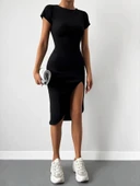 Kadın Kısa Kollu Bisiklet Yaka Derin Yırtmaçlı Kaşkorse Elbise thumbnail 4