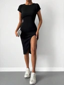 Kadın Kısa Kollu Bisiklet Yaka Derin Yırtmaçlı Kaşkorse Elbise thumbnail 3