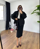 RYSE Mevsim Kaşe Fermuarlı Ceket Etek Takım Kaşmir Ceket Etekli İkili Takım Kaşe Bomber Ceket-Etek Takım - 4