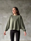 Osy Modal Yumuşak Dokulu Kumaş Bisiklet Yaka Oversize Sweatshirt - Haki thumbnail 1