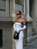 Kadın Dalgıç Kumaş Askısız Yırtmaç Detaylı Elbise thumbnail 6