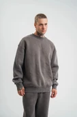 Unisex Uzun Kol Bisiklet Yaka Yıkamalı SweatShirt - Füme - 3