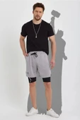 Unisex Baskılı İç Cepli Sporcu Alt Taytlı Şort - Gri - 2