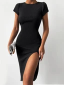Kadın Kısa Kollu Bisiklet Yaka Derin Yırtmaçlı Kaşkorse Elbise thumbnail 2