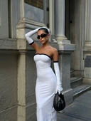 Kadın Dalgıç Kumaş Askısız Yırtmaç Detaylı Elbise thumbnail 5