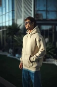 Üç İplik Penye Kapşonlu Basic SweatShirt - Bej - 1