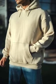 Üç İplik Penye Kapşonlu Basic SweatShirt - Bej - 3