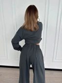 Uzun Kollu Önü İp Büzgülü Crop Ve Pantolon İkili Takım - Antrasit thumbnail 7
