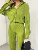 Bayrama Özel Kadın Düşük Omuz Salaş Gömlek Ve Yırtmaç Detay İspanyol Paça Pantolon thumbnail 3