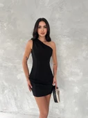 Tek Omuzlu Kolsuz Mini Boy Elbise - Siyah thumbnail 2