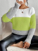 Kadın Uzun Kollu Kayık Yaka çok Renkli Triko Bluz thumbnail 1