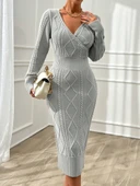 Kadın Uzun Kollu Kruvaze Yaka Triko Midi Boy Elbise thumbnail 3