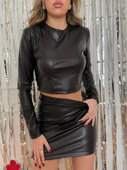 Kadın Yılbaşı özel Uzun Kollu Yarı Balıkçı Yaka Deri Krop Bluz Ve Etek Takım thumbnail 6