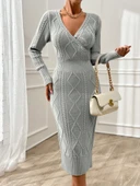 Kadın Uzun Kollu Kruvaze Yaka Triko Midi Boy Elbise thumbnail 1