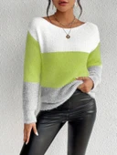 Kadın Uzun Kollu Kayık Yaka çok Renkli Triko Bluz thumbnail 2