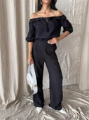 KETEN MADONNA YAKA KOL HASIR ŞERİT - PANTOLON TAKIM - Siyah thumbnail 4