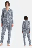 Eros 33600 Pamuklu Gömlek Yaka Önden Düğmeli Çizgili Kadın Pijama Takımı LACİVERT - 2