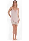 Eros 33522 Pamuklu Dantel Detaylı İp Askılı Şort Pijama Takımı PUDRA thumbnail 2