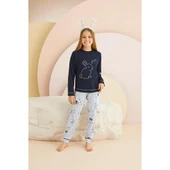 Zeyzey 8339 Lacivert Renk Kız Çocuk Nakışlı Pijama Takımı thumbnail 3