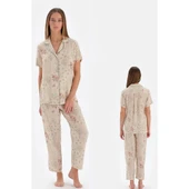 Eros 33550 Pamuklu Gömlek Yaka Önden Düğmeli Pijama Takımı BEJ - 2