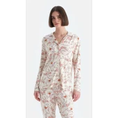 Eros 33526 Pamuklu Gömlek Yaka Önden Düğmeli Desenli Kadın Pijama Takımı PUDRA - 1