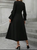 Kadın Uzun Kollu Derin V Yakalı Belden Kuşaklı önden Düğmeli Janjan Krep Elbise thumbnail 4