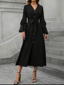 Kadın Uzun Kollu Derin V Yakalı Belden Kuşaklı önden Düğmeli Janjan Krep Elbise thumbnail 3