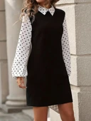 Kadın Uzun Kollu Yakalı Kol Ve Yaka Puantiye Detaylı Ithal Krep Elbise thumbnail 3