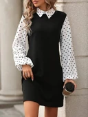 Kadın Uzun Kollu Yakalı Kol Ve Yaka Puantiye Detaylı Ithal Krep Elbise thumbnail 2