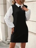 Kadın Uzun Kollu Yakalı Kol Ve Yaka Puantiye Detaylı Ithal Krep Elbise thumbnail 1