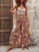 Kadın Yüksek Bel Beli Lastikli Desenli Geniş Paçalı Süprem Pantolon thumbnail 5