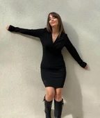 Kadın Uzun Kollu Kruvaze Yaka Krep Mini Boy Elbise thumbnail 11