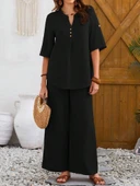 Kadın Kısa Kollu V Hakim Yaka Düğmeli Bürümcük Bluz Ve Pantolon Ikili Takım thumbnail 6