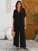 Kadın Kısa Kollu V Hakim Yaka Düğmeli Bürümcük Bluz Ve Pantolon Ikili Takım thumbnail 4