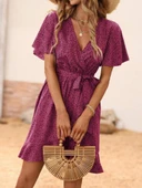 Kadın Kısa Kelebek Kollu Kruvaze Yakalı Belden Kuşaklı Kısa Desenli Süprem Elbise thumbnail 2