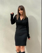 Kadın Uzun Kollu Kruvaze Yaka Krep Mini Boy Elbise thumbnail 9