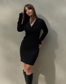 Kadın Uzun Kollu Kruvaze Yaka Krep Mini Boy Elbise thumbnail 8