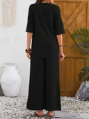 Kadın Kısa Kollu V Hakim Yaka Düğmeli Bürümcük Bluz Ve Pantolon Ikili Takım thumbnail 3