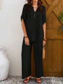 Kadın Kısa Kollu V Hakim Yaka Düğmeli Bürümcük Bluz Ve Pantolon Ikili Takım thumbnail 2