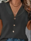 Kadın Kısa Kollu Derin V Yakalı Düğmeli Ithal Keten Bluz thumbnail 2