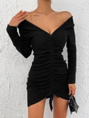 Kadın Uzun Kollu V Yaka Büzgülü Kaşkorse Elbise thumbnail 1