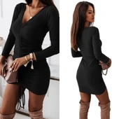 Kadın Uzun Kollu V Yaka Büzgülü Kaşkorse Elbise thumbnail 5