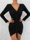 Kadın Uzun Kollu V Yaka Büzgülü Kaşkorse Elbise thumbnail 2