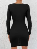 Kadın Uzun Kollu V Yaka Büzgülü Kaşkorse Elbise thumbnail 6