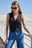 6794 Çizgili Dokuma Yelek - Siyah - 2