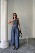 TENCEL CROP ASKILI BLUZ - ŞALVAR PANTOLON TK - İndigo thumbnail 4