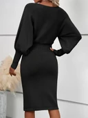 Kadın Uzun Yarasa Kollu Yakası Açık Belden Oturtmalı Kısa Triko Elbise thumbnail 3